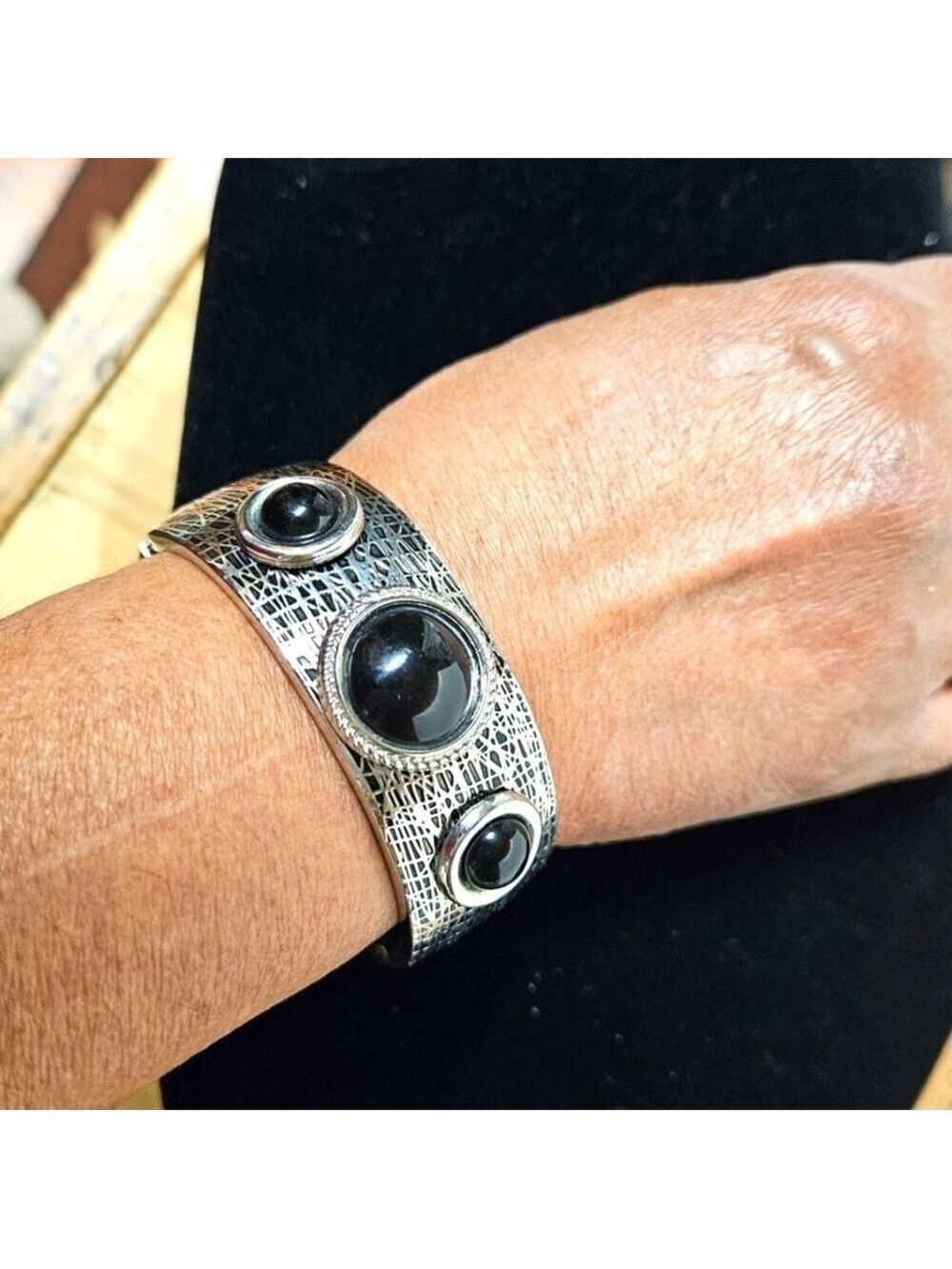 Black with Siver-tone Weave Hinged Bracelet with 3 Black Carnelian Stones
